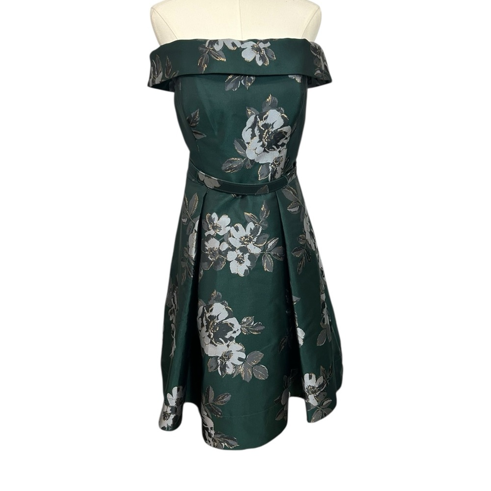 Eliza J Off the Shoulder Emerald Green Brocade Floral Belted Dress Sz 10 - Picture 2 of 16